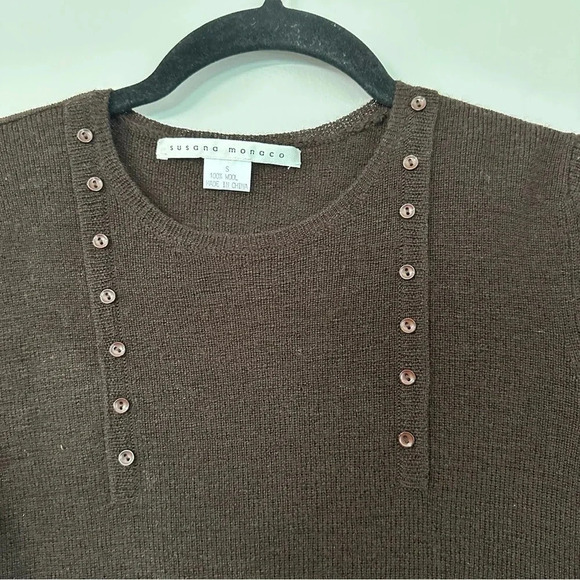 Susana Monaco Women's Half Sleeve Brown 100% Wool Button Detail Top Sz S GUC - Picture 3 of 7